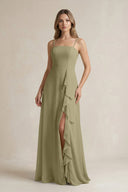 Spaghetti Strap Ruffled A - Line Chiffon Bridesmaid Dress in Thyme - KissProm Bridesmaid Dresses