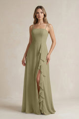 Spaghetti Strap Ruffled A - Line Chiffon Bridesmaid Dress in Thyme - KissProm Bridesmaid Dresses
