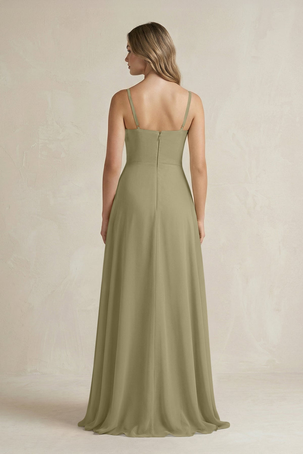 Spaghetti Strap Ruffled A - Line Chiffon Bridesmaid Dress in Thyme - KissProm Bridesmaid Dresses