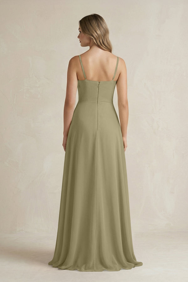 Spaghetti Strap Ruffled A - Line Chiffon Bridesmaid Dress in Thyme - KissProm Bridesmaid Dresses