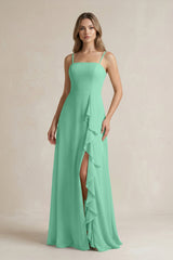 Spaghetti Strap Ruffled A - Line Chiffon Bridesmaid Dress in Turquoise - KissProm Bridesmaid Dresses