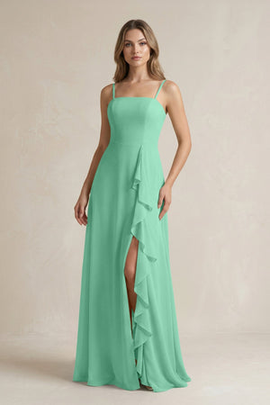 Spaghetti Strap Ruffled A - Line Chiffon Bridesmaid Dress in Turquoise - KissProm Bridesmaid Dresses