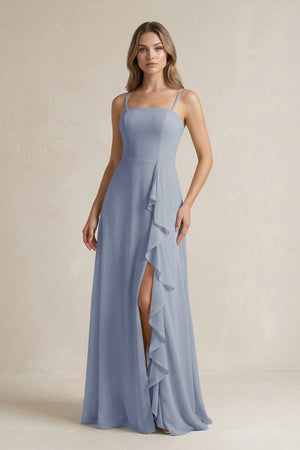 Spaghetti Strap Ruffled A - Line Chiffon Bridesmaid Dress in Twilight - KissProm Bridesmaid Dresses