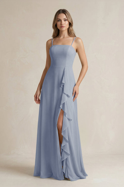 Spaghetti Strap Ruffled A - Line Chiffon Bridesmaid Dress in Twilight - KissProm Bridesmaid Dresses