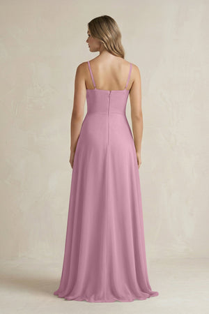 Spaghetti Strap Ruffled A - Line Chiffon Bridesmaid Dress in Vintage Mauve - KissProm Bridesmaid Dresses
