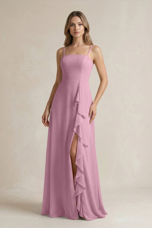 KissProm Spaghetti Strap Ruffled A-Line Chiffon Bridesmaid Dress in Vintage Mauve, Vintage Mauve / 26