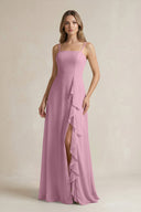Spaghetti Strap Ruffled A - Line Chiffon Bridesmaid Dress in Vintage Mauve - KissProm Bridesmaid Dresses