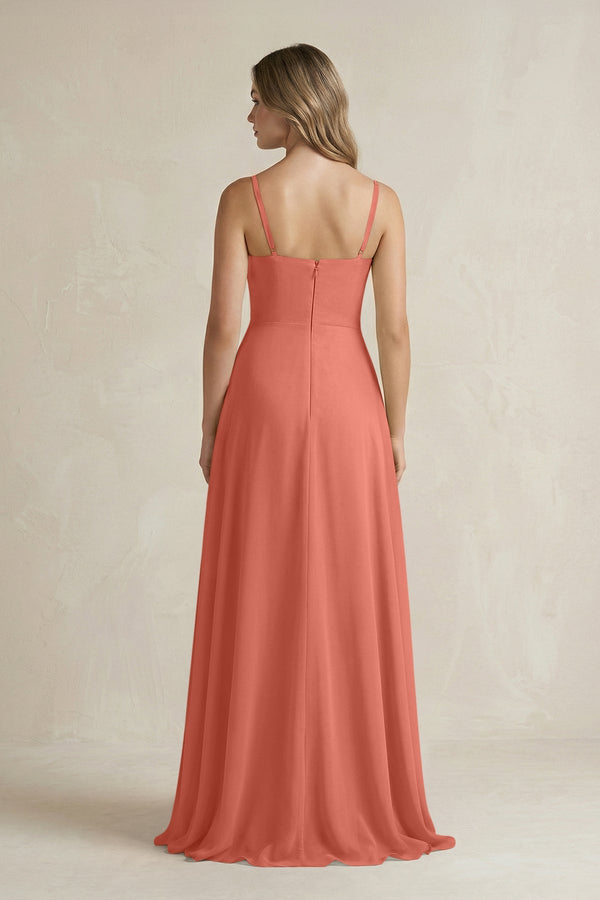Spaghetti Strap Ruffled A - Line Chiffon Bridesmaid Dress in Wild Rose - KissProm Bridesmaid Dresses
