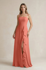 Spaghetti Strap Ruffled A - Line Chiffon Bridesmaid Dress in Wild Rose - KissProm Bridesmaid Dresses