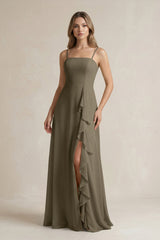 Spaghetti Strap Ruffled A - Line Chiffon Bridesmaid Dress in Willow Green - KissProm Bridesmaid Dresses