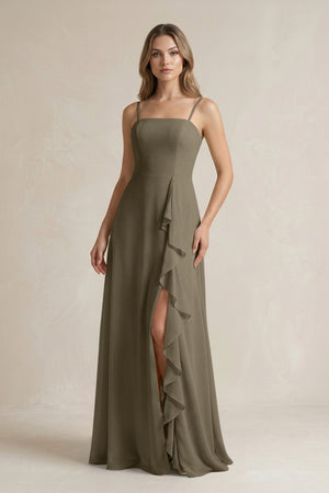 Spaghetti Strap Ruffled A - Line Chiffon Bridesmaid Dress in Willow Green - KissProm Bridesmaid Dresses