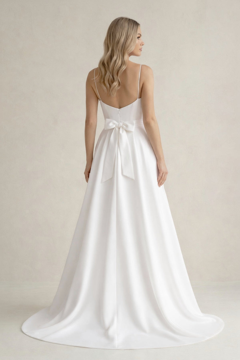 Spaghetti Strap Satin A - Line Wedding Dress With Slit in White - KissProm Wedding Dresses