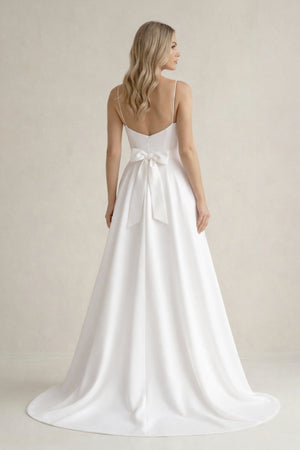 Spaghetti Strap Satin A - Line Wedding Dress With Slit in White - KissProm Wedding Dresses