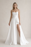 Spaghetti Strap Satin A - Line Wedding Dress With Slit in White - KissProm Wedding Dresses