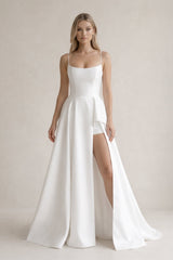 Spaghetti Strap Satin A - Line Wedding Dress With Slit in White - KissProm Wedding Dresses
