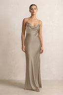 Spaghetti Strap Satin Sheath Bridesmaid Dress in Almond - KissProm Bridesmaid Dresses