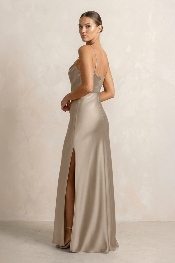 Spaghetti Strap Satin Sheath Bridesmaid Dress in Almond - KissProm Bridesmaid Dresses
