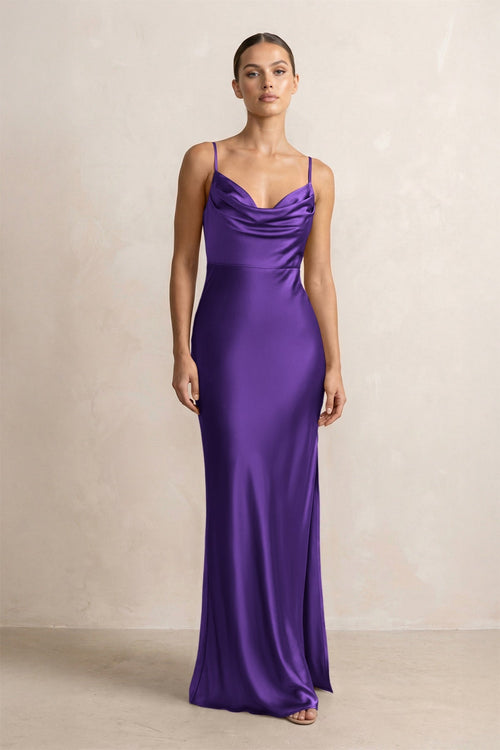 Spaghetti Strap Satin Sheath Bridesmaid Dress in Amethyst - KissProm Bridesmaid Dresses