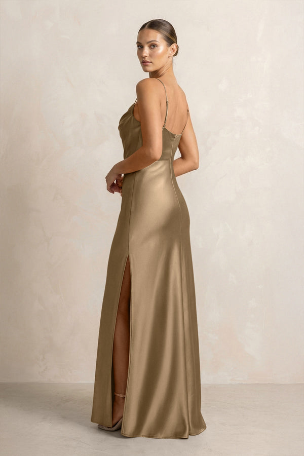 Spaghetti Strap Satin Sheath Bridesmaid Dress in Apple Cinnamon - KissProm Bridesmaid Dresses
