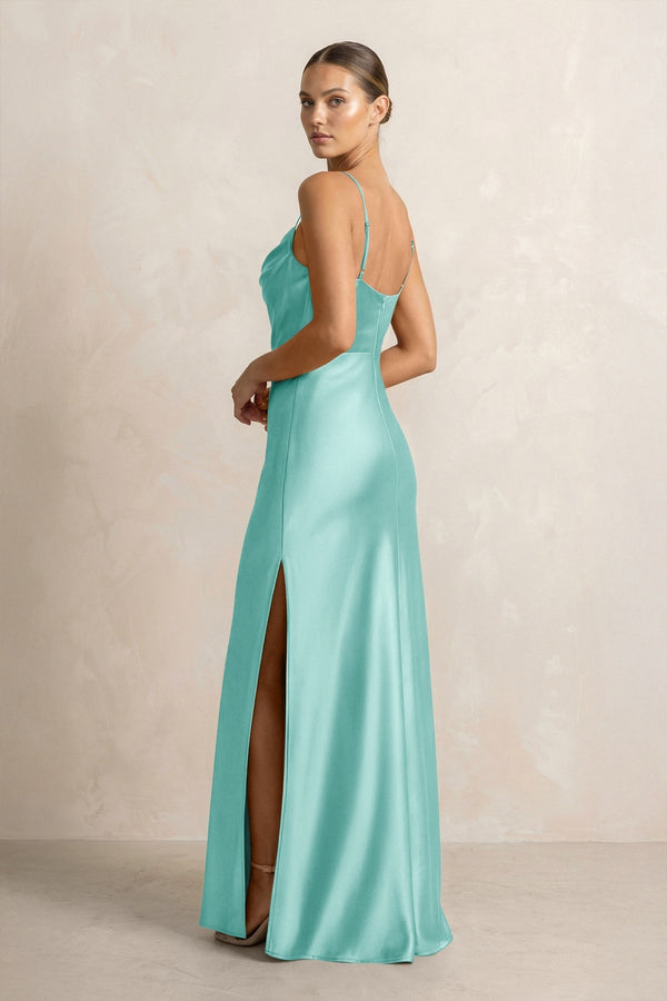 Spaghetti Strap Satin Sheath Bridesmaid Dress in Aqua - KissProm Bridesmaid Dresses
