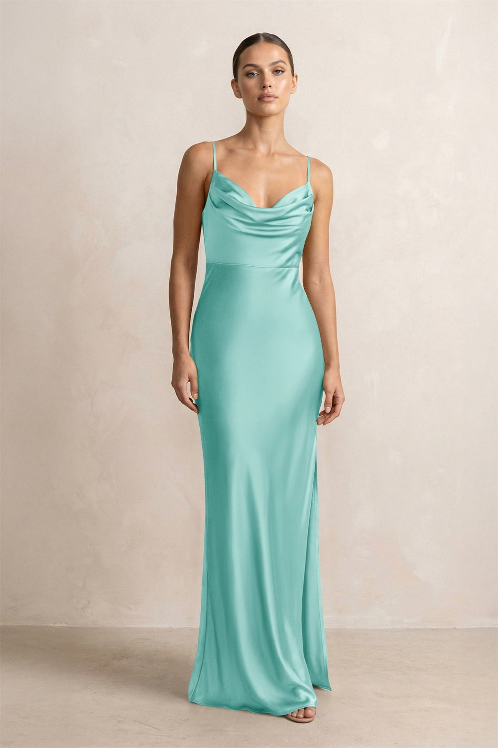 Spaghetti Strap Satin Sheath Bridesmaid Dress in Aqua - KissProm Bridesmaid Dresses
