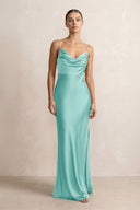 Spaghetti Strap Satin Sheath Bridesmaid Dress in Aqua - KissProm Bridesmaid Dresses
