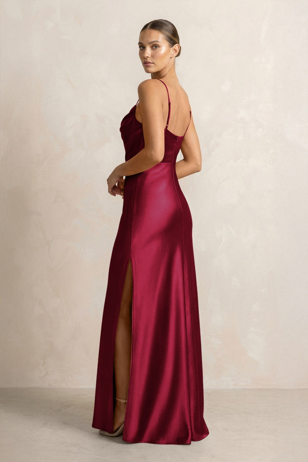 Spaghetti Strap Satin Sheath Bridesmaid Dress in Berry - KissProm Bridesmaid Dresses