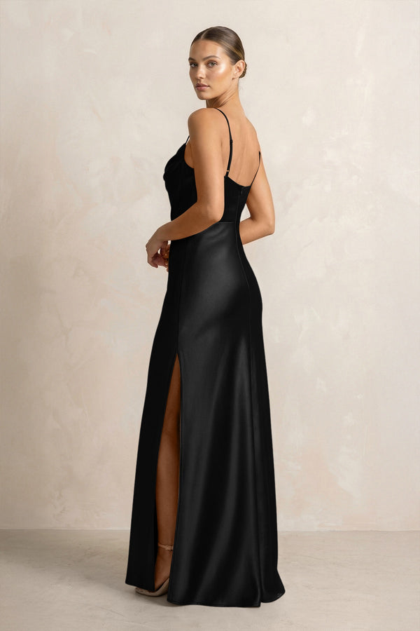 Spaghetti Strap Satin Sheath Bridesmaid Dress in Black - KissProm Bridesmaid Dresses