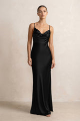 Spaghetti Strap Satin Sheath Bridesmaid Dress in Black - KissProm Bridesmaid Dresses