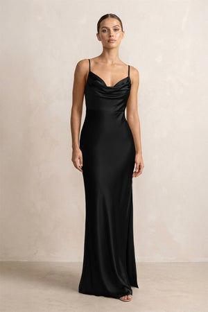 Spaghetti Strap Satin Sheath Bridesmaid Dress in Black - KissProm Bridesmaid Dresses