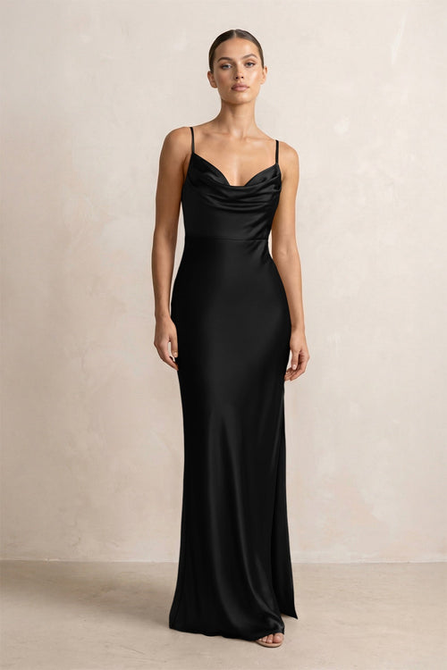 Spaghetti Strap Satin Sheath Bridesmaid Dress in Black - KissProm Bridesmaid Dresses