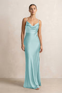 Spaghetti Strap Satin Sheath Bridesmaid Dress in Bleached Aqua - KissProm Bridesmaid Dresses