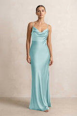 Spaghetti Strap Satin Sheath Bridesmaid Dress in Bleached Aqua - KissProm Bridesmaid Dresses