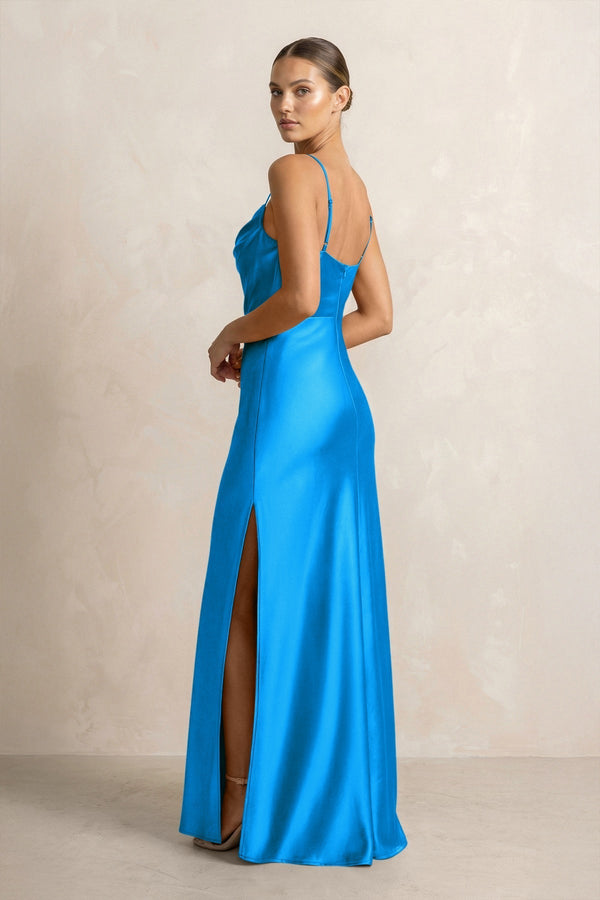 Spaghetti Strap Satin Sheath Bridesmaid Dress in Blue Jay - KissProm Bridesmaid Dresses