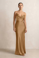 Spaghetti Strap Satin Sheath Bridesmaid Dress in Bronzer - KissProm Bridesmaid Dresses