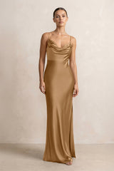 Spaghetti Strap Satin Sheath Bridesmaid Dress in Bronzer - KissProm Bridesmaid Dresses