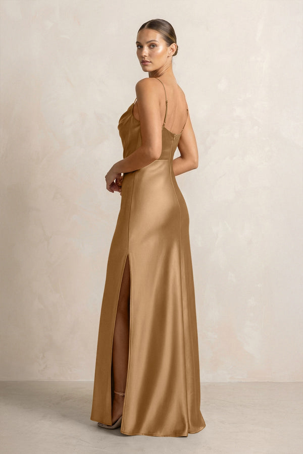 Spaghetti Strap Satin Sheath Bridesmaid Dress in Bronzer - KissProm Bridesmaid Dresses