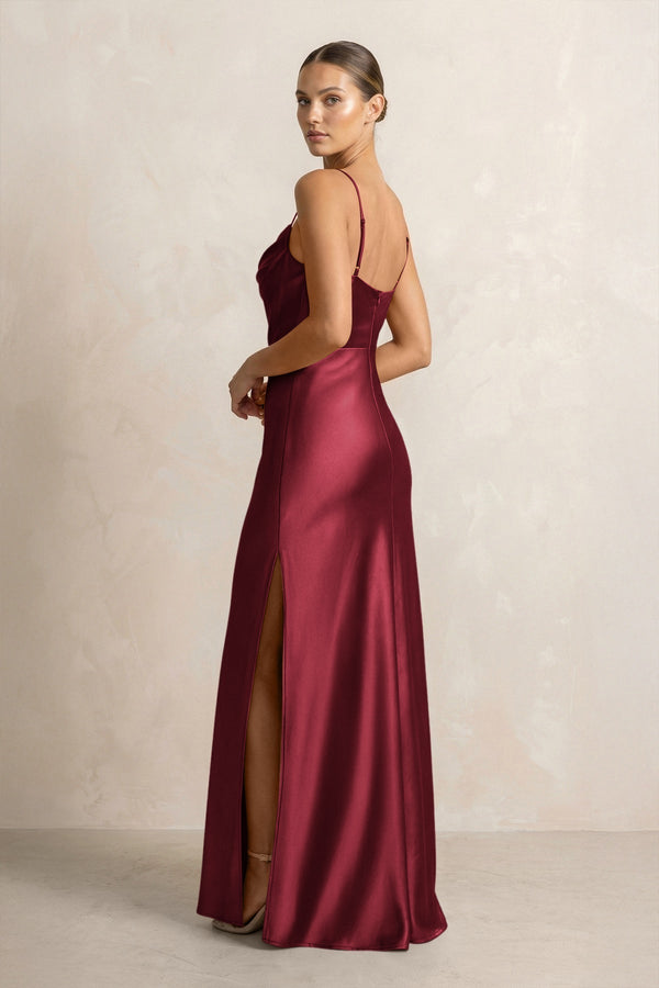 Spaghetti Strap Satin Sheath Bridesmaid Dress in Burgundy - KissProm Bridesmaid Dresses