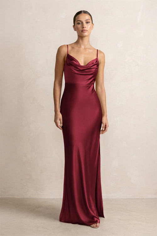 Spaghetti Strap Satin Sheath Bridesmaid Dress in Burgundy - KissProm Bridesmaid Dresses