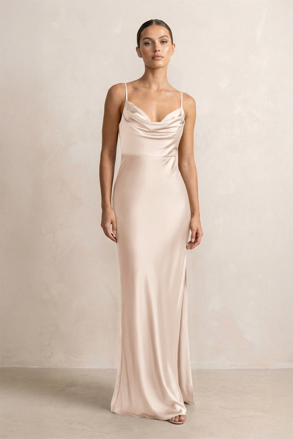 Spaghetti Strap Satin Sheath Bridesmaid Dress in Buttercream - KissProm Bridesmaid Dresses