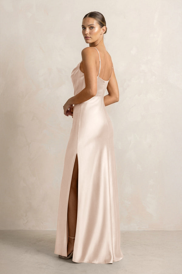 Spaghetti Strap Satin Sheath Bridesmaid Dress in Buttercream - KissProm Bridesmaid Dresses