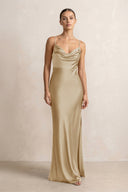 Spaghetti Strap Satin Sheath Bridesmaid Dress in Champagne - KissProm Bridesmaid Dresses