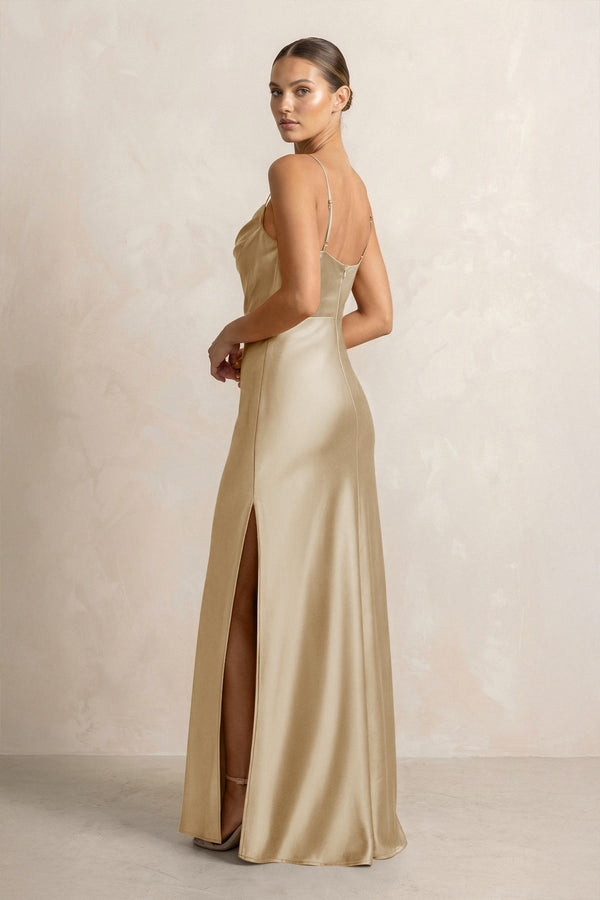 Spaghetti Strap Satin Sheath Bridesmaid Dress in Champagne - KissProm Bridesmaid Dresses