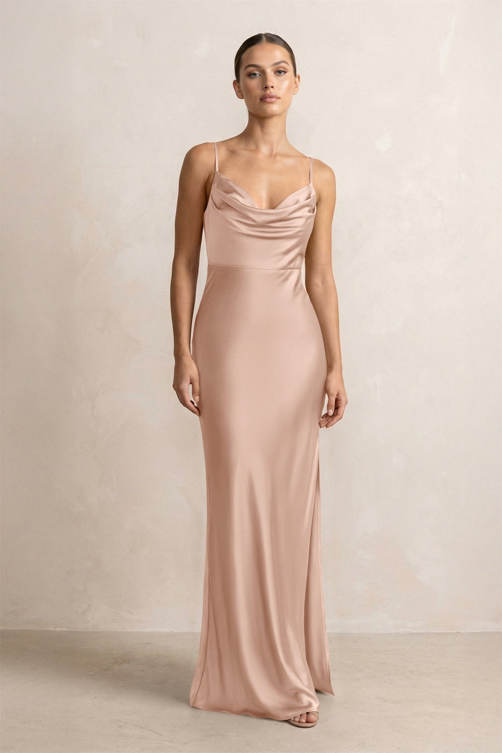 Spaghetti Strap Satin Sheath Bridesmaid Dress in Champagne Rose - KissProm Bridesmaid Dresses