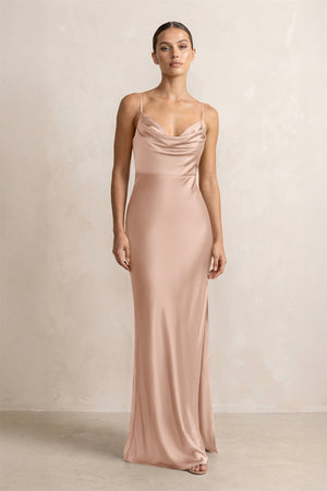 Spaghetti Strap Satin Sheath Bridesmaid Dress in Champagne Rose - KissProm Bridesmaid Dresses