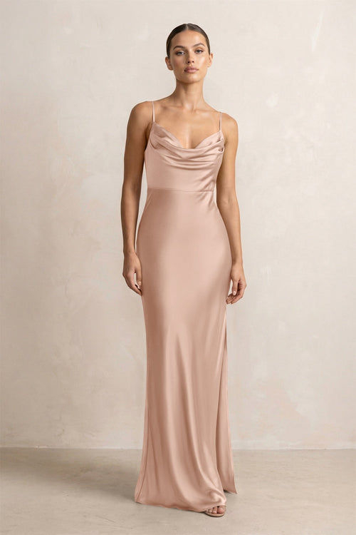 Spaghetti Strap Satin Sheath Bridesmaid Dress in Champagne Rose - KissProm Bridesmaid Dresses