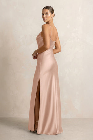 Spaghetti Strap Satin Sheath Bridesmaid Dress in Champagne Rose - KissProm Bridesmaid Dresses