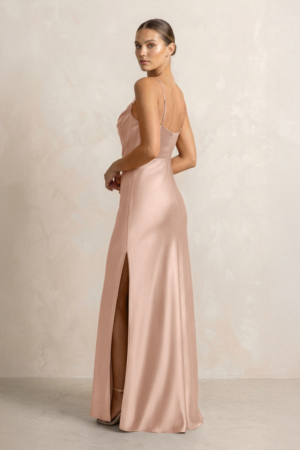 Spaghetti Strap Satin Sheath Bridesmaid Dress in Champagne Rose - KissProm Bridesmaid Dresses