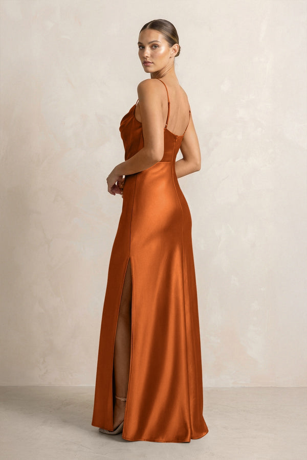 Spaghetti Strap Satin Sheath Bridesmaid Dress in Cinnamon - KissProm Bridesmaid Dresses