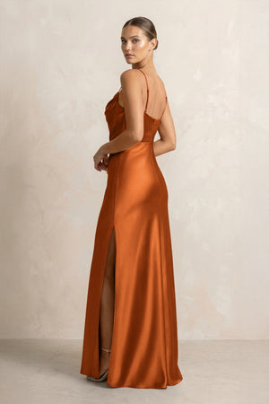 Spaghetti Strap Satin Sheath Bridesmaid Dress in Cinnamon - KissProm Bridesmaid Dresses